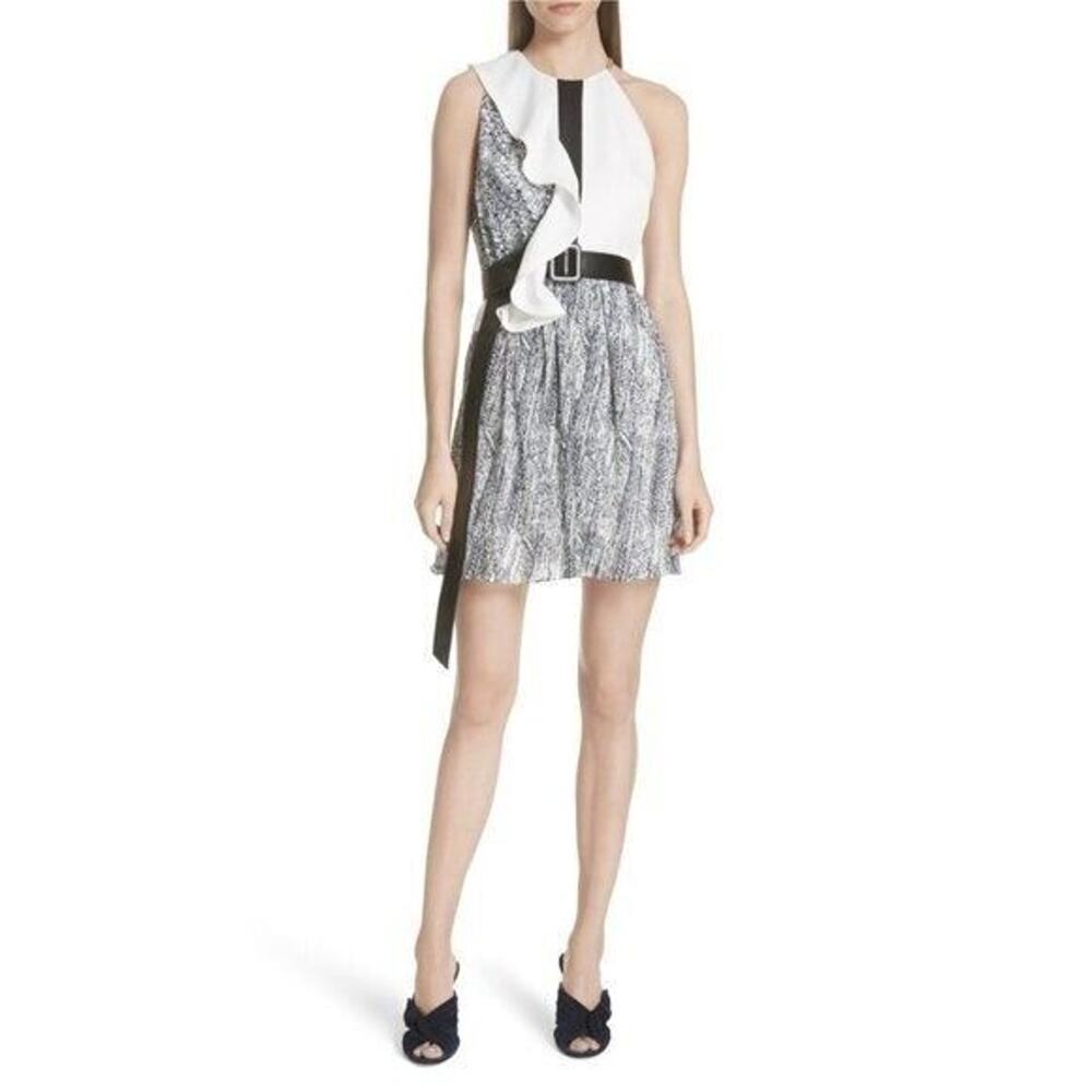 NEW NWT Self-Portrait Frill Contrast Mini Dress US Sz 10 printed navy blue white